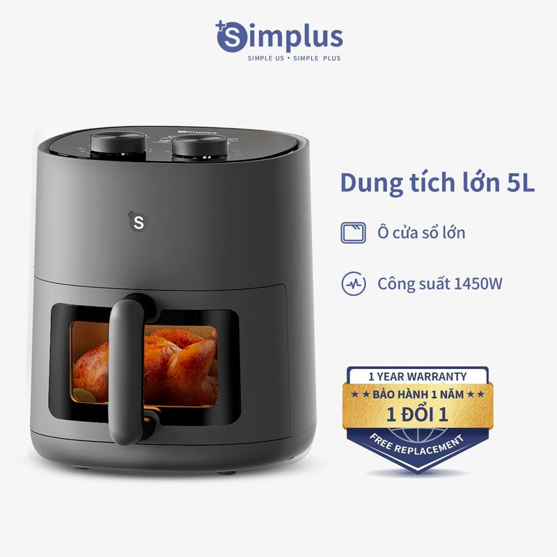  SimplusVN Nồi Chiên Không Dầu Cửa Kính Trong Suốt 5L KQZG014 Nướng Gà Hâm nóng Đồ Ăn Chiên Không Dầu 2 Núm Cơ Chỉnh Nhiệt Độ Và Thời Gian Bảo Hành 1 Năm Chỉ Đổi Không Sửa 
