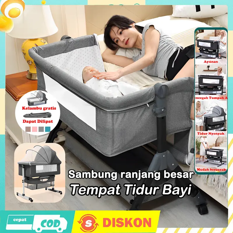 Baby Box Bayi Beside Crib Ranjang Bayi Tempat Tidur Ayunan Bayi Bisa Lipat Ada Traveling Empuk Newborn Grey Furniture Perlengkapan Tidur Baby Box Bayi Tempat Tidur Lipat dengan Ayunan dan Mosquito Net - Grey - Bantal multifungsi keranjang 0