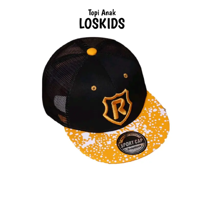 Topi Anak Hiphop atau Snapback Topi Jaring Logo R Buat Anak Usia 2 sampe 10 Tahun Hitam Kombinasi Kuning atau putih 5