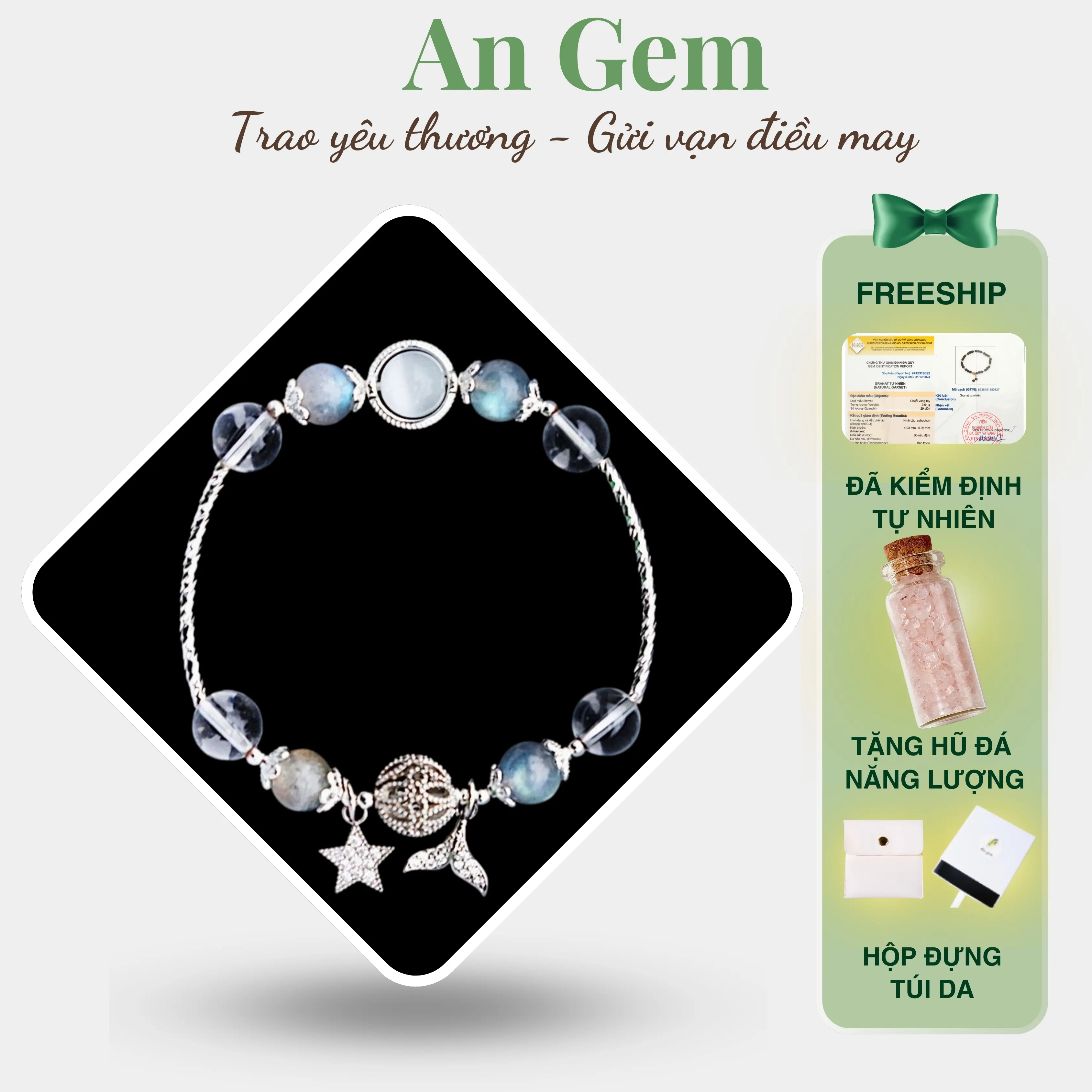 Vòng tay đá mix charm An Gem trắng mix xà cừ full charm phụ kiện đeo tay nữ quà tặng sinh nhật giáng sinh Noel Tết Valentine Bracelet [TẶNG HŨ ĐÁ NĂNG LƯỢNG]