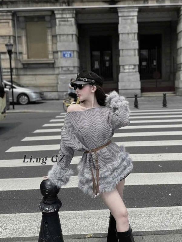   Kèm đai Áo Len Nữ,Áo Nữ Xinh Kiểu Dáng Lệch Vai Tay Dài Viền Lông Kèm Đai Mặc Xinh Xỉu Hàng QCCC 