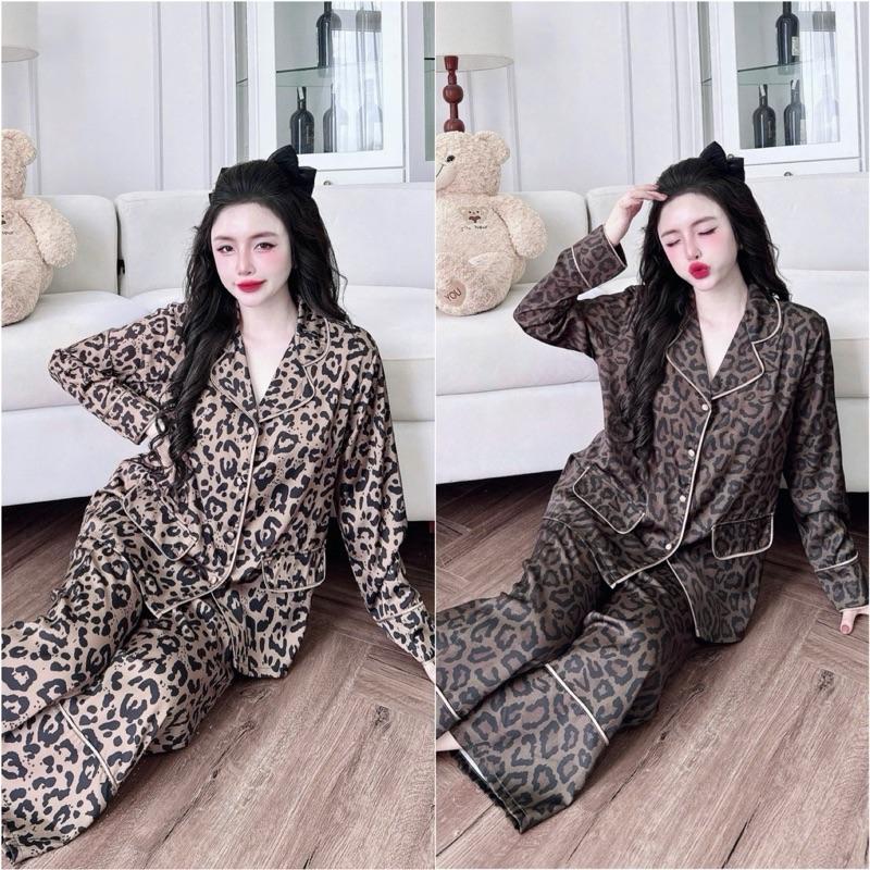 Đồ bộ nữ pijama - lụa Hàn Châu - (45-65kg) - nắp túi - tay dài quần dài 95cm - beo nâu, beo nâu rêu