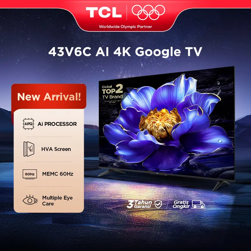 TCL AI 4K Google TV 43 inch V6C - AiPQ Processor - MEMC - HDR 10 - HVA Panel - Multiple Eye Care - Dolby Audio (Model: 43V6C) 0