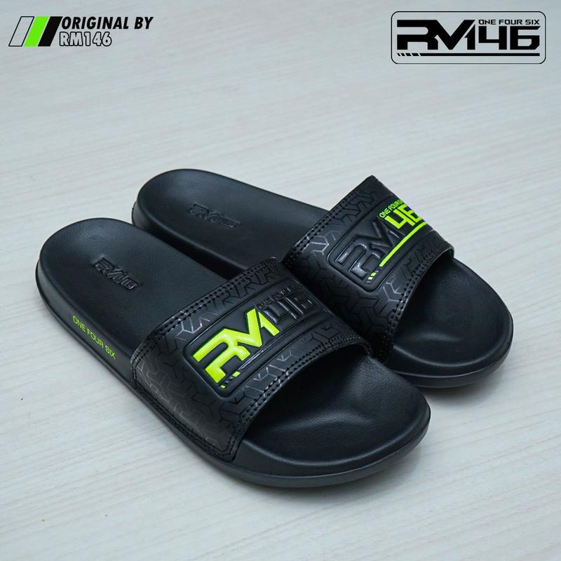 RM146- Sandal Slop Full Karet Motif Timbul Hitam Hijau Stabilo Sendal Slop priamurah sandal  slop premium 1