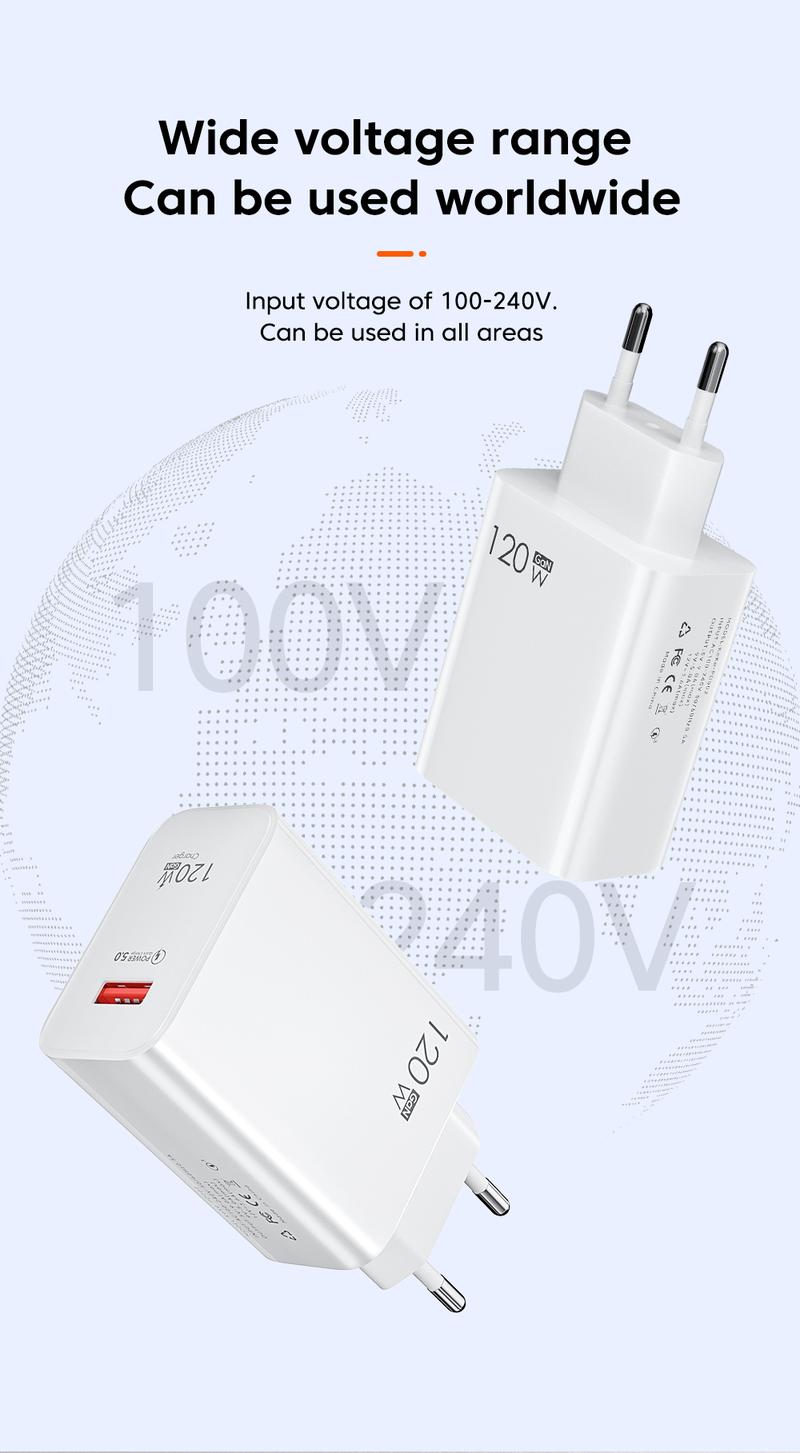 Product Introduction of 120W USB Charger EU/US/UK Standard Super Fast Charging Mobile Phone QC 3.0 Charger Head for iPhone Samsung Galaxy S24 S23 Plus Huawei Xiaomi Redmi Oppo Vivo Y100 Adapter Portable Cellphone Smartphone Electronic 21