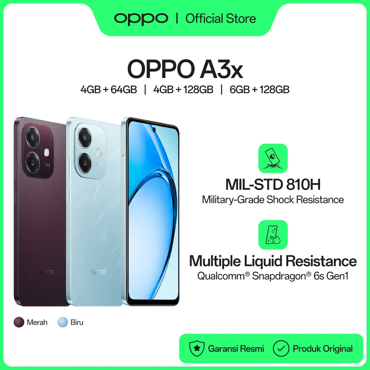 OPPO A3x [45W SUPERVOOC, Qualcomm Snapdragon 6s 4G Gen1, 1000nit Ultra Bright Display, Military-Grade Shock Resistance] Garansi Resmi
