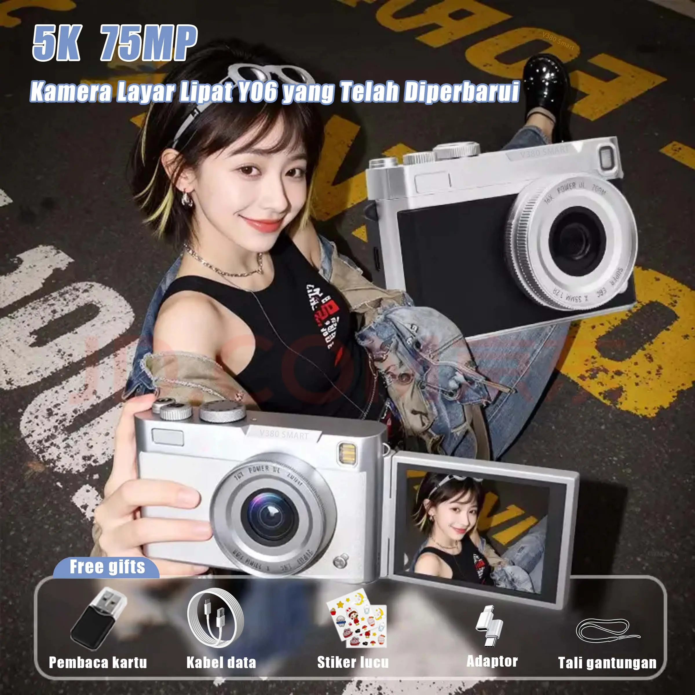 【Kado Hari Libur】LUXARA Kamera Digital Retro Ultra 180 HD Side Flip Screen 5K 16X Camera Portabel untuk Foto &2.8-inch 75MP 30 Filter Video Desain Retro Kompak dengan dengan Lampu LED– Cocok untuk Vlog Traveling dan Pemotretan Outdoor V380 Smart Camera