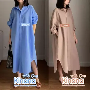 Baju Midi Kinana Korean Style Oversize LD130 Bahan Linen Rami Premium Warna Denim dan Latte