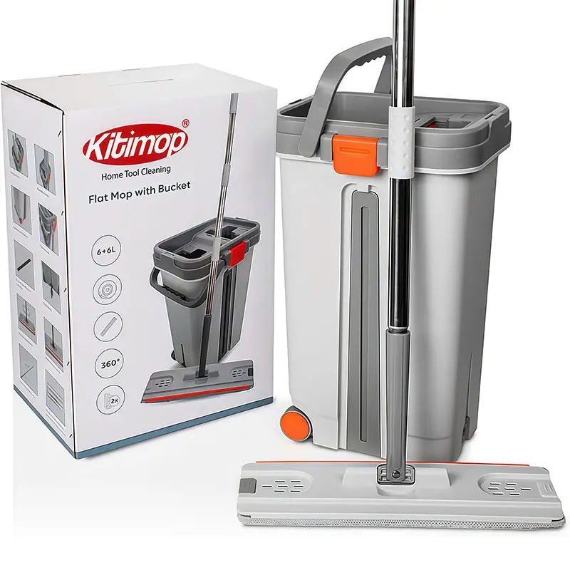 Bộ Cây Lau Nhà Tự Vắt KITIMOP PRO MAX, Thùng Lau Nhà Tự Vắt Thông Minh, Chổi Lau Nhà Xoay 360 Độ, 3 Bông Lau