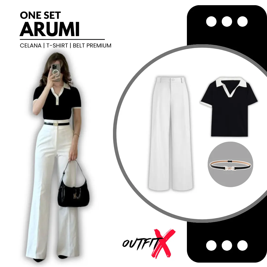 setelan wanita one set One Set Arumi Wanita Kekinian OOTD Korea Setelan 3in1 1set Kaos Kerah Celana Kulot Putih Belt Hitam 1  set Baju Fit Panjang Kombinasi Nyaman Scuba Atasan Lembut