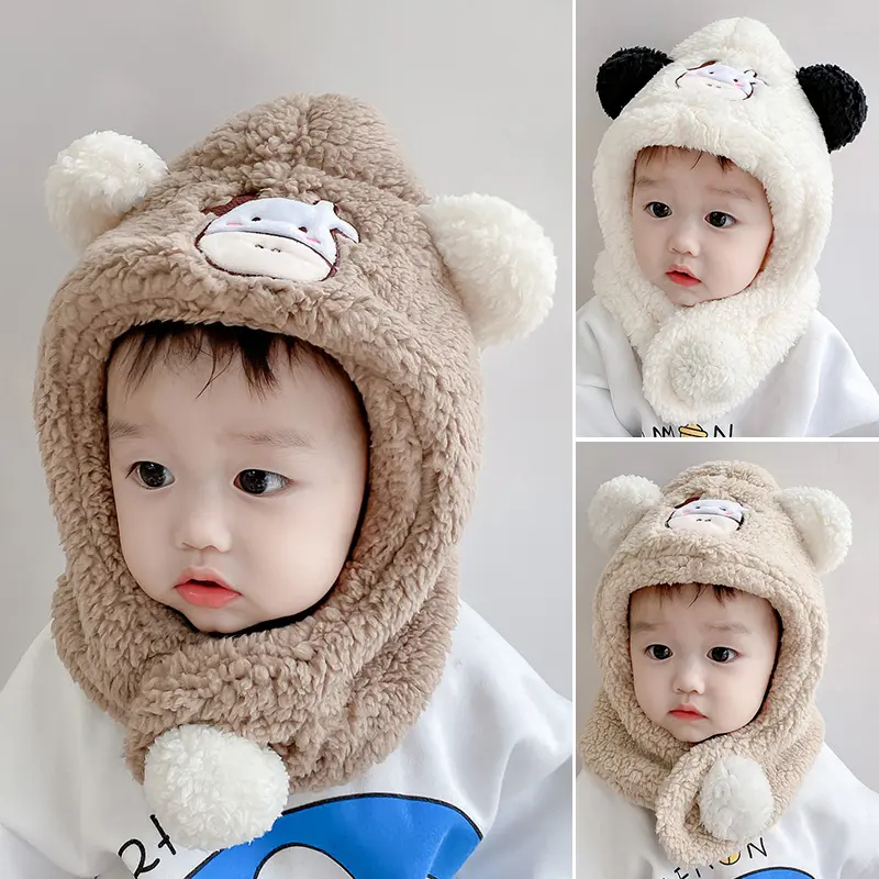 หมวกผ้าพันคอปักลาย สไตล์วัวน่ารัก สีทึบแบบบูรณาการ หมวกอุ่นสำหรับเด็ก เหมาะสำหรับฤดูใบไม้ร่วงและฤดูหนาว เหมาะสำหรับออกไปเที่ยว