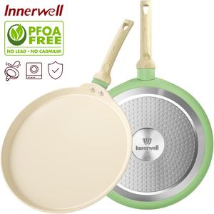 Innerwell กระทะไม่ติดสีเขียว 28 ซม. เหมาะสำหรับแพนเค้ก เครป ไข่ และพิซซ่า ทำจากเซรามิก ปลอดสาร PFOA