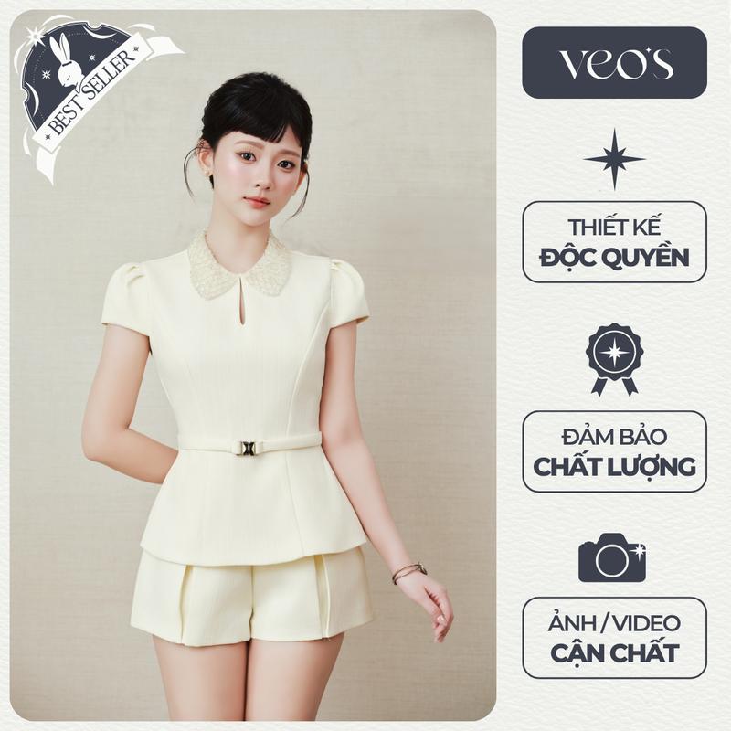   VEO'S  CAROLYN TOP  - Set Áo Kiểu Cổ Đính Đá Tay Hến Thiết Kế Nữ Chất Xước Hàn Vân Kẻ  & Quần Short Form A Veos Tiểu Thư 