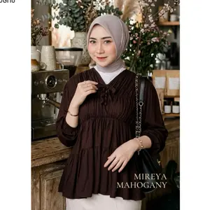 Mireya Blouse Kerut Depan Rayon Twill Atasan Wanita Polos Lengan Panjang