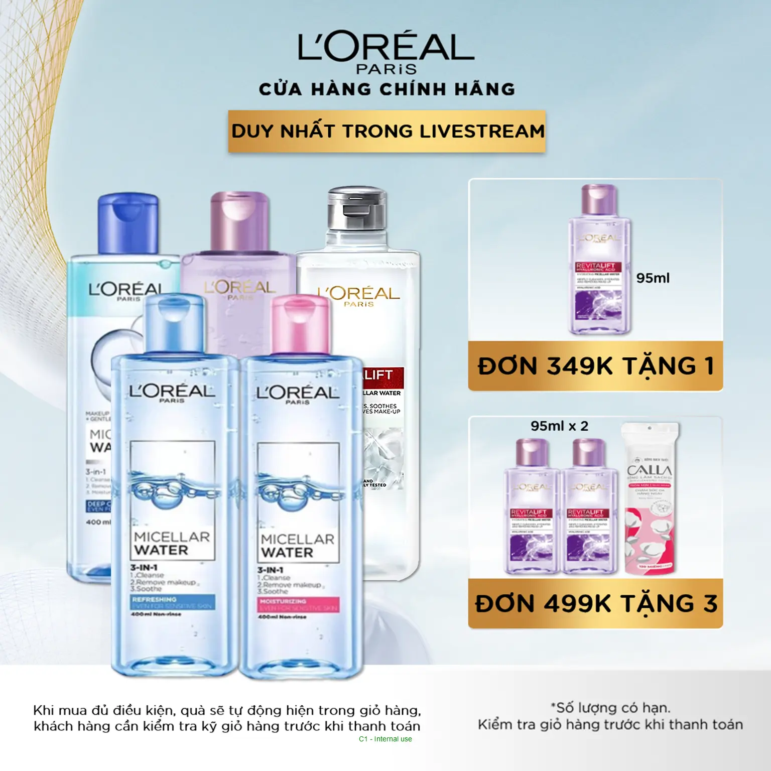 Nước tẩy trang và làm sạch sâu 3-in-1 L'Oreal Paris Micellar Water 400ml (5 phân loại) Cosmetic