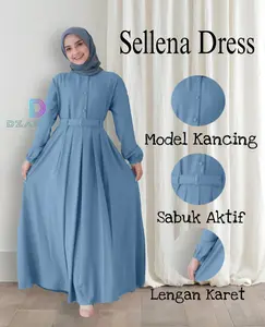 Gamis Crinkle Sellena Dress Muslim Syari Model Kancing Lengan Kerut Terbaru Lebaran 2025