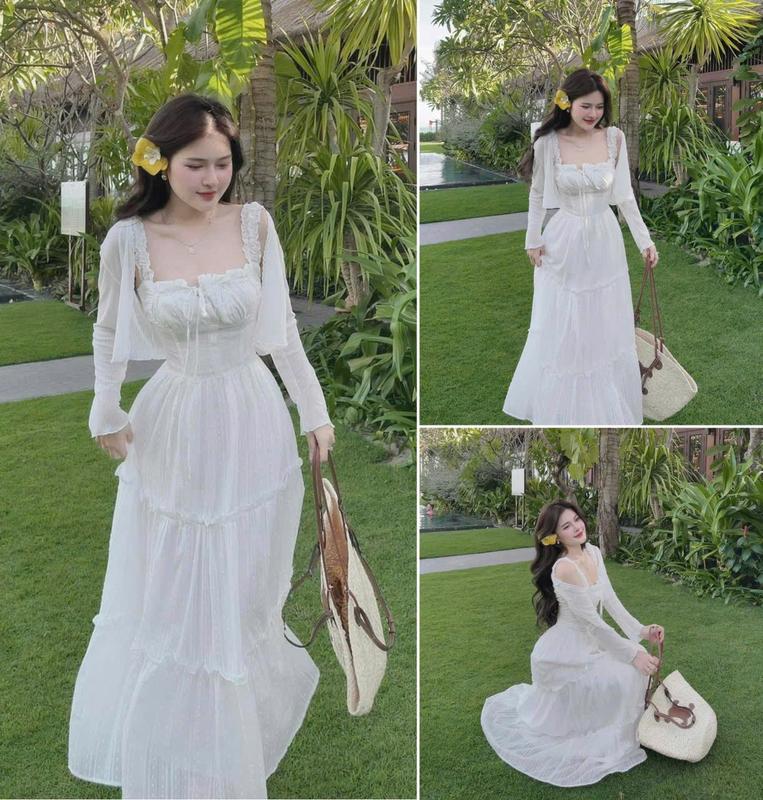 Sét đồ nữ đầm hai dây chất xô hột kiểu dáng dài kèm áo khoác thun giấy tay dài xinh xắn dễ thương