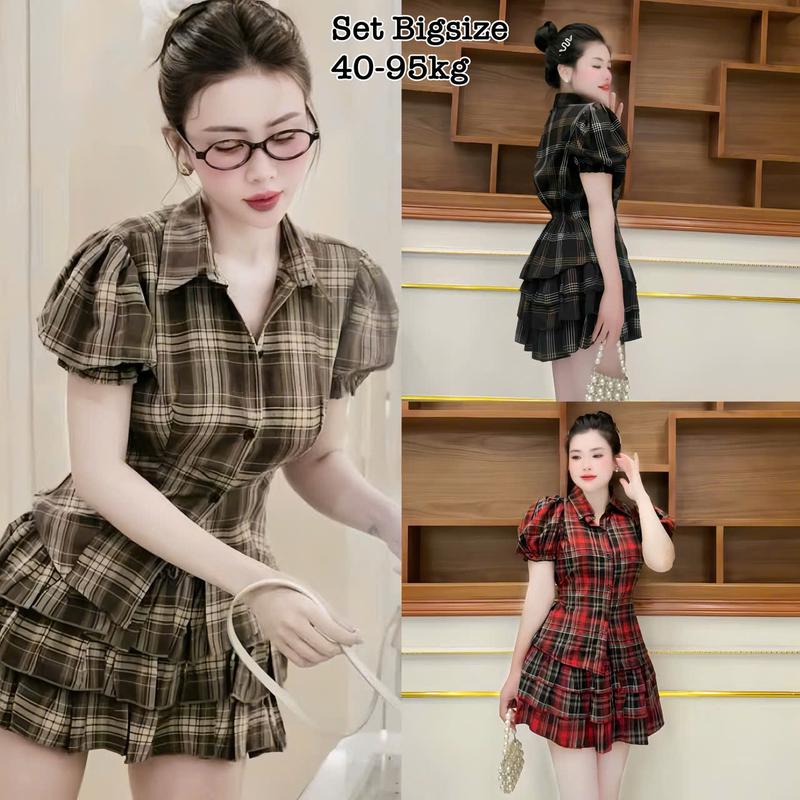 Thời Trang Nữ Bigsize 50-95kg - Set Áo Sơ Mi Nữ Tay Bồng Phối Chân Váy Tầng Caro Bigsize Xinh Đẹp Cao Cấp Dễ Thương Freesize 50-95kg Top Áo Sơ Mi Croptop Women - 2498