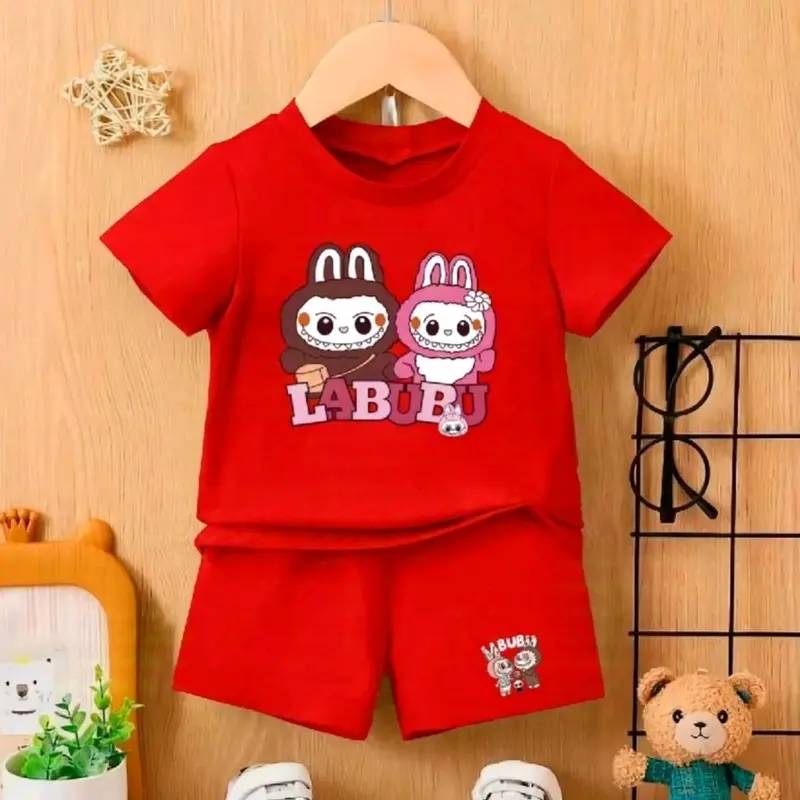 Setelan kaos anak labubu usia 1-8 tahun Katun Perempuan Parsel 1