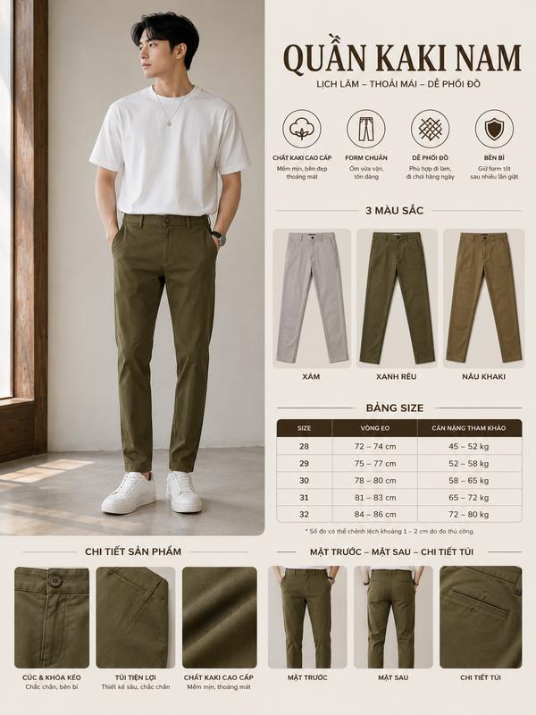 [N03] Quần Kaki Nam Form Slim Fit Cao Cấp – Co Giãn Nhẹ, Dễ Phối Đồ, Chất Vải Mềm Mịn