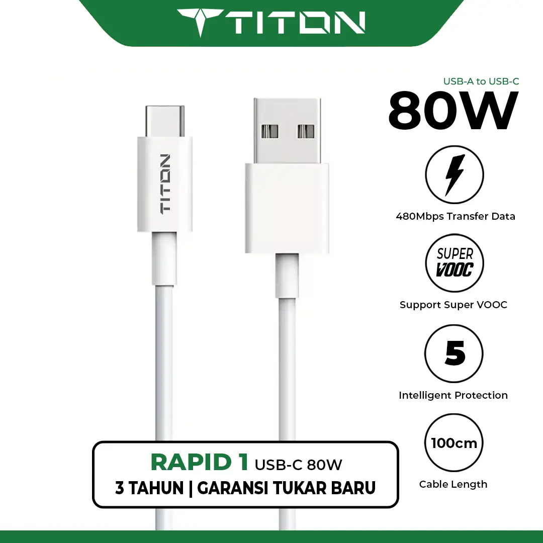 Titon Rapid 1 80W Kabel Data Type C Fast Charging USB-A to USB-C Charger Cable Data for Oppo Realme Vivo