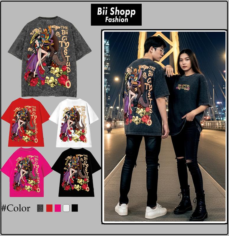  LOCAL BRAND Áo thun Wash 2 Con Quỷ Phong Cách Unisex Form Rộng   Áo thun Phông Màu Phong Cách Âu Mỹ 