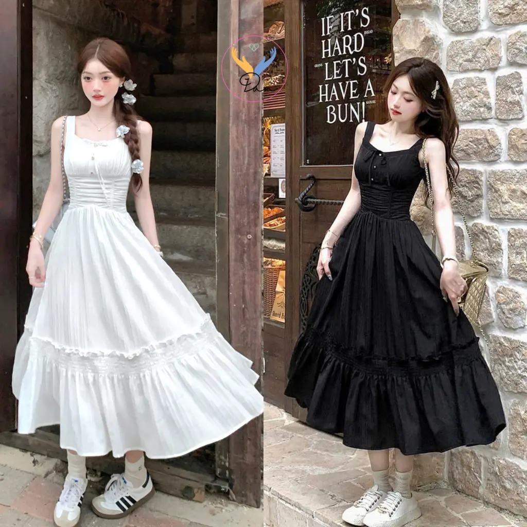 Váy 2 dây - Váy đi biển thiết kế nhún ngực chất đũi gân dáng dài basic dễ thương bánh bèo