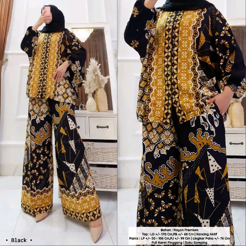 Seruni Setelan Jumbo  Blouse Batwing dan Kulot Bahan Rayon Batik Adem Nyaman Busui Kancing Aktif Baju Motif Celana Panjang Muslim Karet Samping Top 4