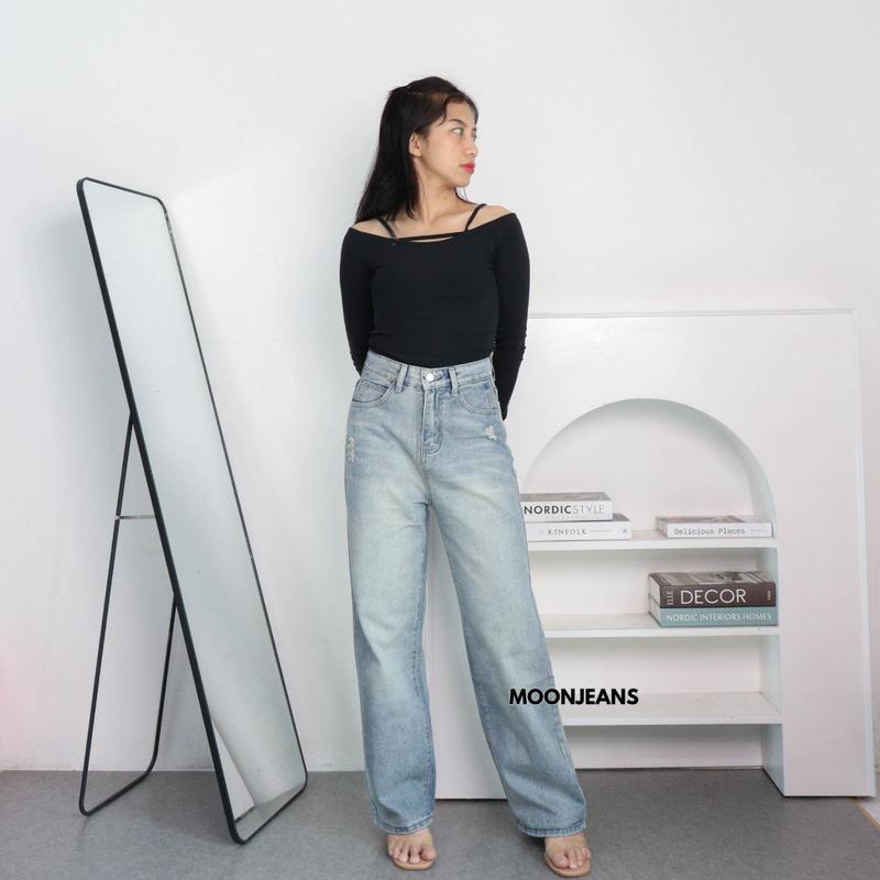 KarensaJeans X318 Celana Panjang Loose Jeans High Waist Ripped Wanita Kekinian Premium Quality 2