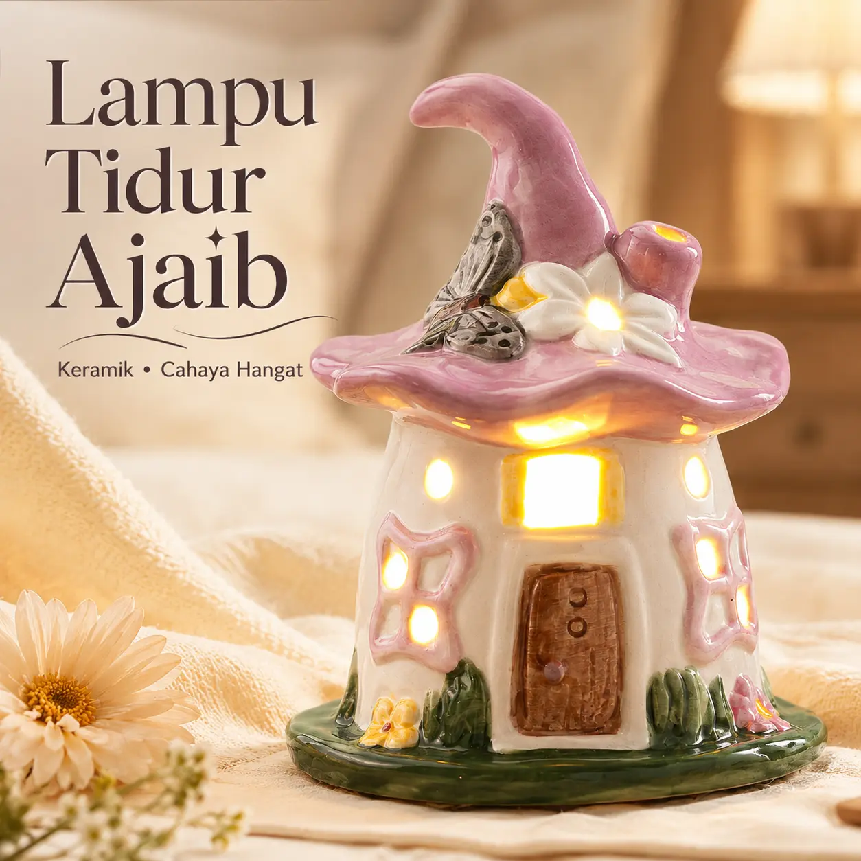 Lampu Tidur Jamur Keramik Mini LED | Night Light Lampu Hias Kamar Estetik | Cahaya Hangat Kado Unik