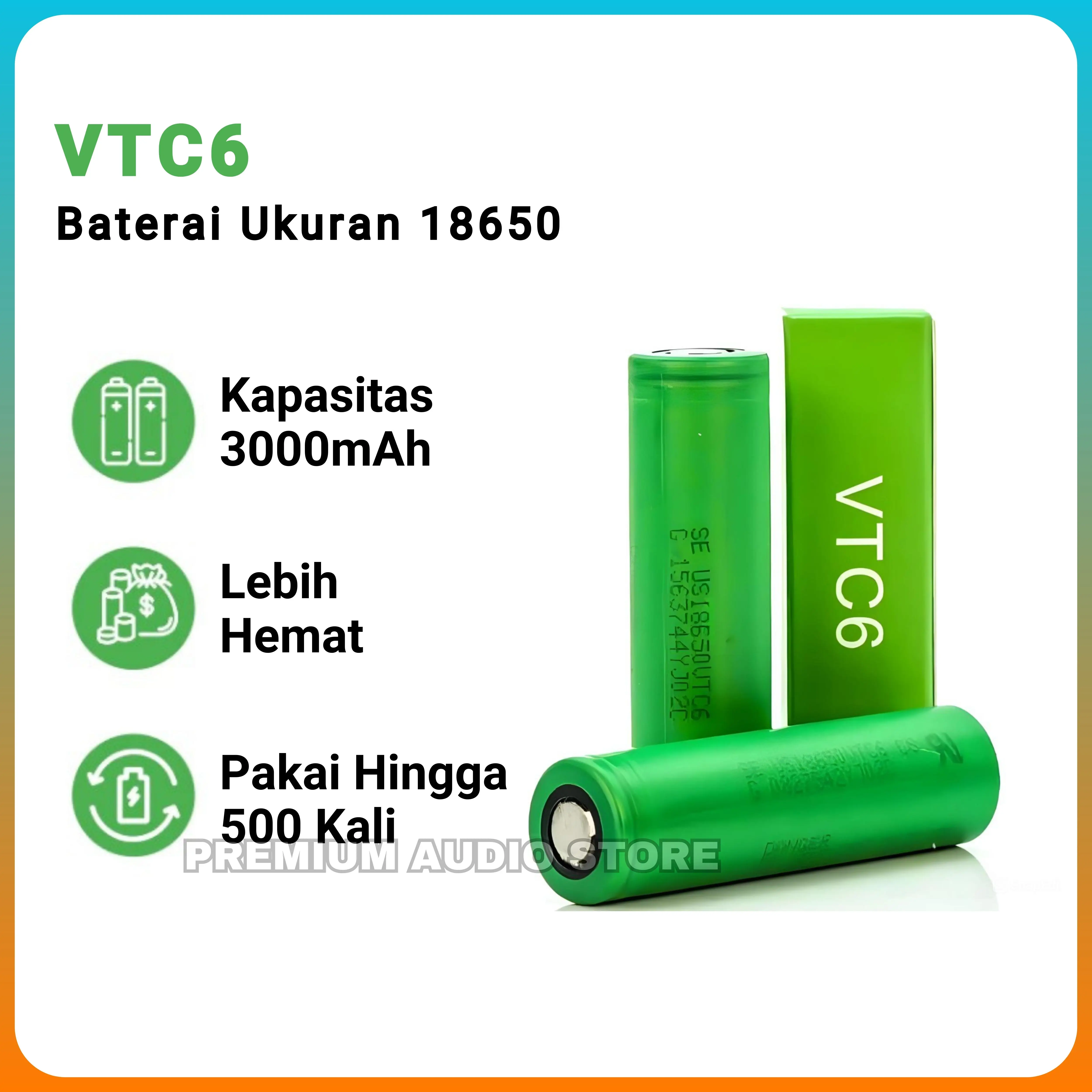 VTC6 2pcs Baterai Ukuran 18650 3.000mAh | Baterai Perangkat Elektronik 3.7V Radio/Mic Wireless/Senter/Speaker