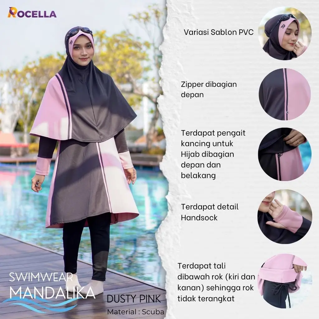 Baju Renang Muslimah ROCELLA MANDALIKA Swimwear Wanita Terpisah Atasan dan Bawahan Jumbo Include Hijab Syari