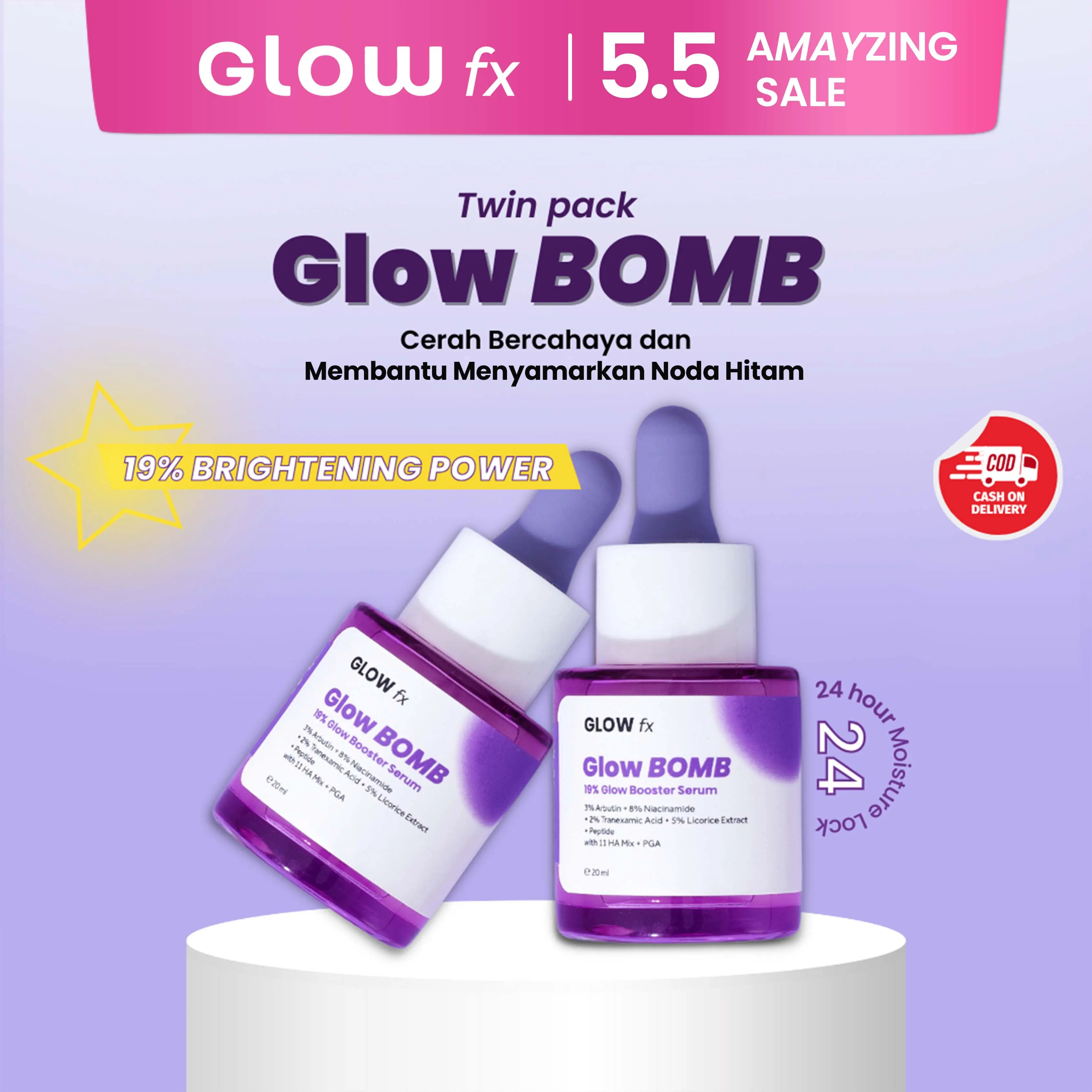 [Twin Pack] 2 PCS GLOW FX Glow Bomb Serum - Serum Glowing & Bekas Jerawat 19% Brightening Power pencerah