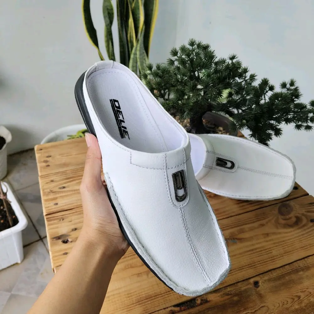 Sepatu sandal bustong pria putih kulit asli//sandal slop pria
