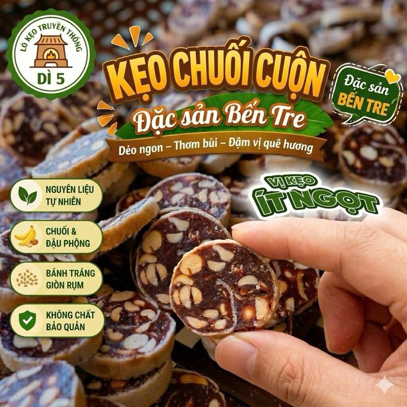 Kẹo Chuối Đậu Phộng Cuộn Bánh Phồng Dì Năm - Đặc Sản Bến Tre - Thơm Giòn - Không Chất Bảo Quản - freeship Toàn Quốc