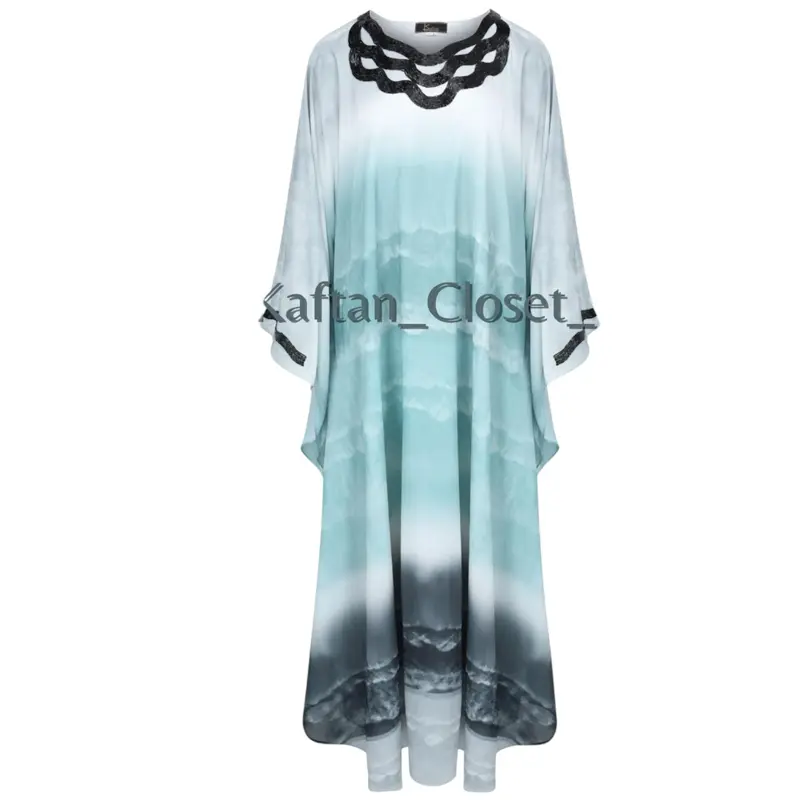 Ocean Contemporary black beaded neckline kaftan in abstract chiffon print with attached inner and tie back. Fits plus size