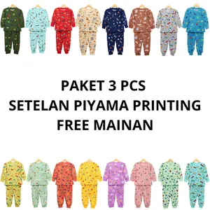 IRU KIDS - 3 PCS PAKET SETELAN PIYAMA ANAK PRINTING LENGAN PANJANG COWOK DAN CEWEK UNISEX USIA 0-6 TAHUN FREE MAINAN