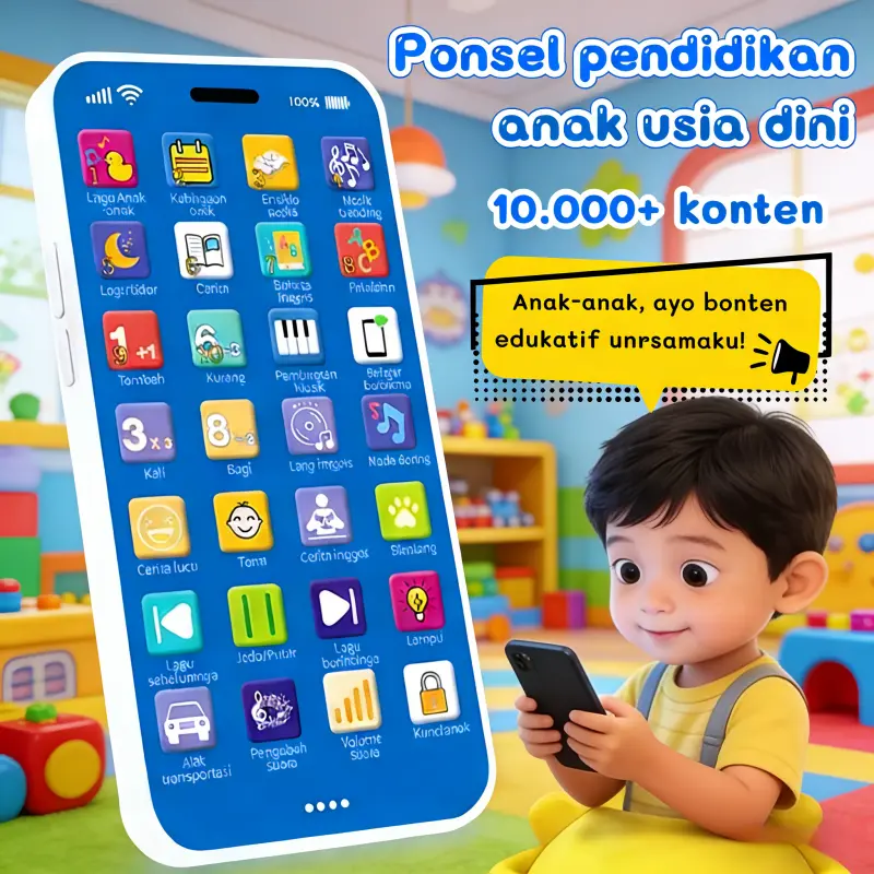 hp anak da7 Mainan Ponsel Edukasi Anak dengan Konten Bilingual Lengkap, Pengucapan Asli Bahasa Indonesia & Inggris Native Speaker, Kosakata Sehari-hari & Kalimat Sederhana untuk Pemula, Mempersiapkan Anak Masuk TK dengan Kemampuan Bahasa yang Baik,