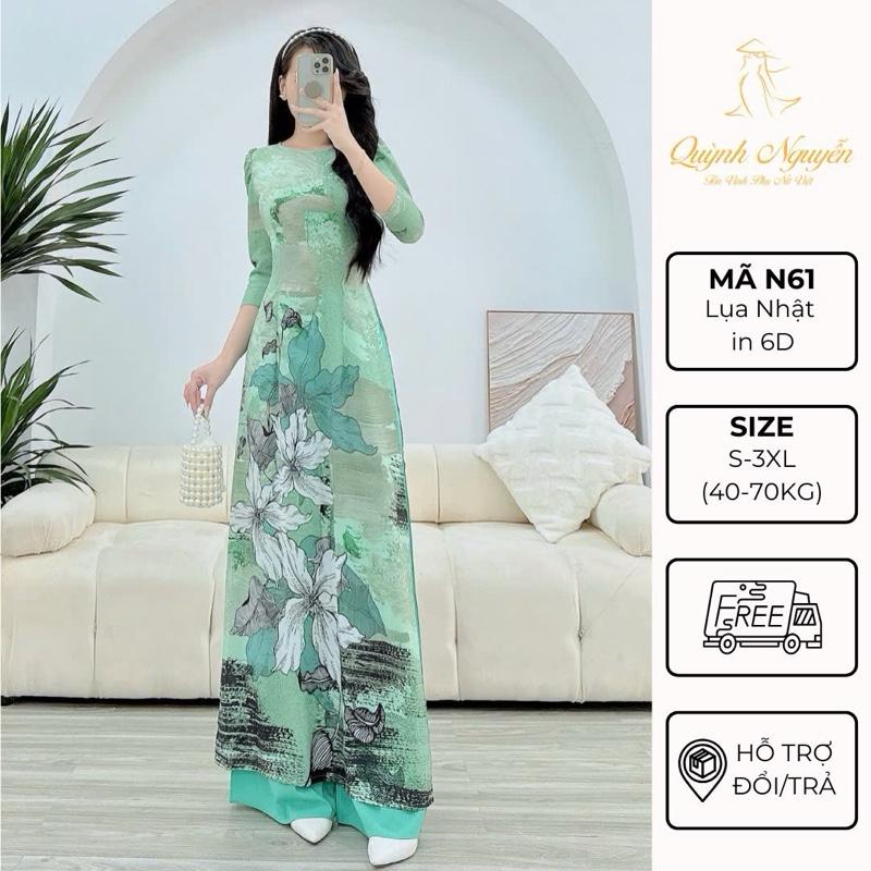 Áo dài nữ thiết kế lụa nhật in 6D màu xanh ngọc - MÃ N61  Women Dress  Women Nhung Kem Sen đồ lam sườn xám bà ba  gấm