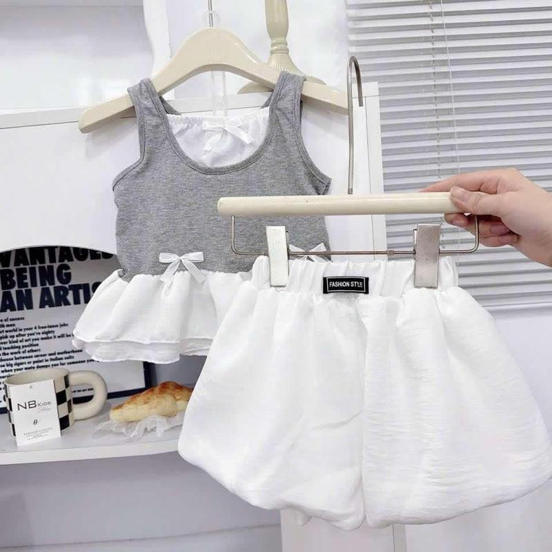 (Shopmesockids ) Quần áo hè,Sét áo xám mix quần trắng kiểu dáng bí phong cách Hàn cho bé gái 4