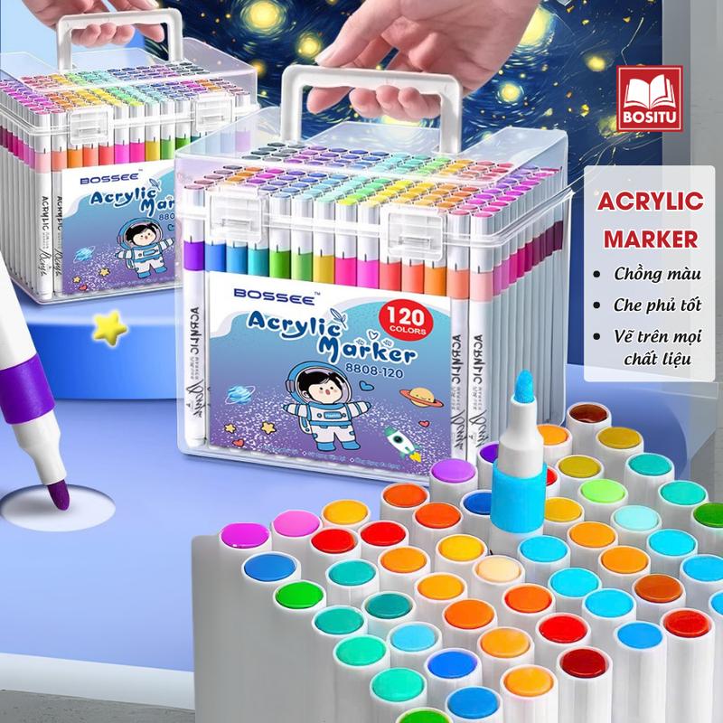 Bút Màu Acrylic Marker Bossee Hộp 120 Màu Vẽ Chống Nước - Bút Đánh Dấu, Bút Viết Calligraphy, Bút Màu Dạ Tươi Sáng, Vẽ Nổi Bật Trên Mọi Chất Liệu, Đè Màu Tốt, Che Phủ Tốt _  Bositu Store