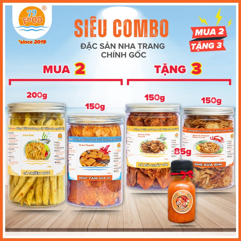    MUA 2 TẶNG 3   200g Khô Cá Thiều Que + 150g Khô Mực Tẩm Gia Vị + 150g Khô Cá Đù Cháy Tỏi + 150g Ghẹ Sữa Rim  tặng kèm muối chanh  79Food  tổng 735g  