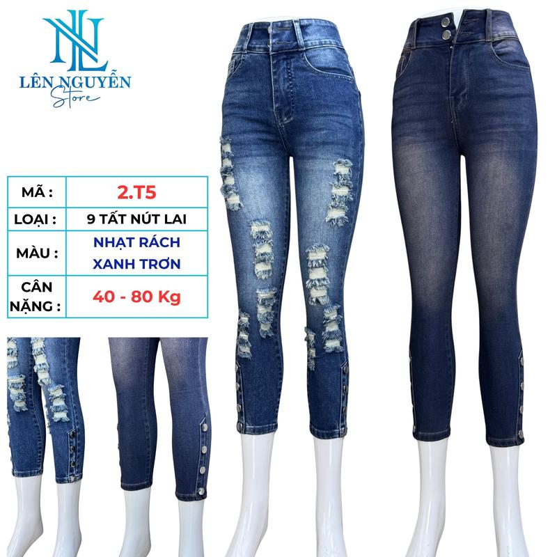  2.T5   Lên Nguyễn Store   Quần Jean  Bò  Nữ 9 Tất Lưng Cao 2 Nút Dài 85-90cm Size 40kg-80kg Thiết Kế Kiểu Nút Lai Màu Xám Xanh Ống Ôm Co Giãn Mền Mịn Bigsize Hotgirl Mang Phong Cách Năng Động Trẻ Trung Tự Tin Dễ Phối Đồ Skinny. Women 