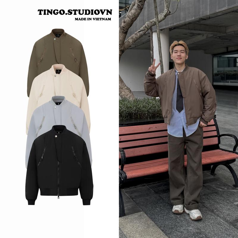Áo khoác bomber trần bông 3 lớp [Form Crop Lửng] quả trám thế hệ mới TINGO Thiết kế khoá 2 đầu tiện lợi thời trang dày dặn mùa thu Đông, Menswear Jacket Đen,ghi,nâu 06