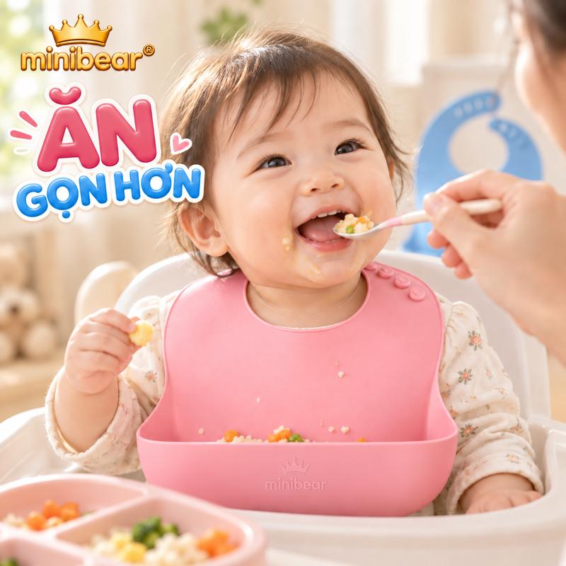 Yếm Ăn Dặm Silicone MiniBear Cho Bé, Yếm Ăn Cho Bé Trai Bé Gái, Máng Hứng Rộng,…