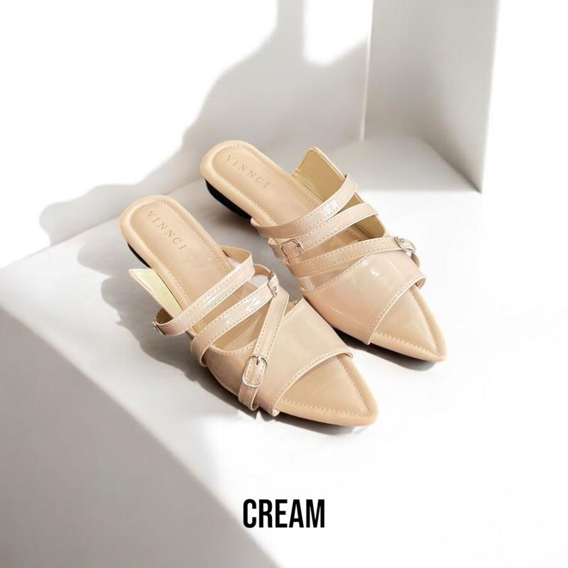 Nd 020  Sendal Mules Wanita Gasper Kekinian Cream,Black & Burgundy No Box Shoes Selop 4