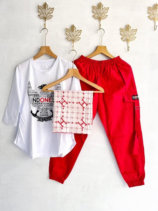 Product Introduction of Setelan Jogger Cigaret JVN Kaos Combed Merah Putih + Hijab Voal Segi Empat Voal  Katun Nyaman 3