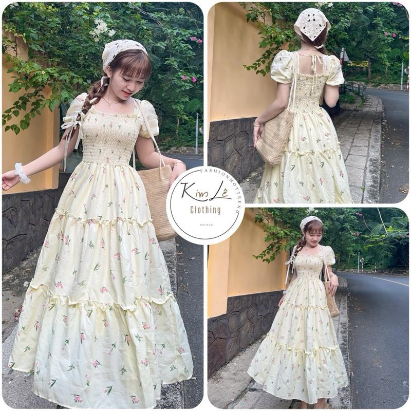 Đầm Hoa Mocking Màu VÀNG KEM Tay Phồng Dáng Dài Nhẹ Nhàng Nàng Thơ ( có lót) Chất Xốp Hoa Freesize Dưới 55kg