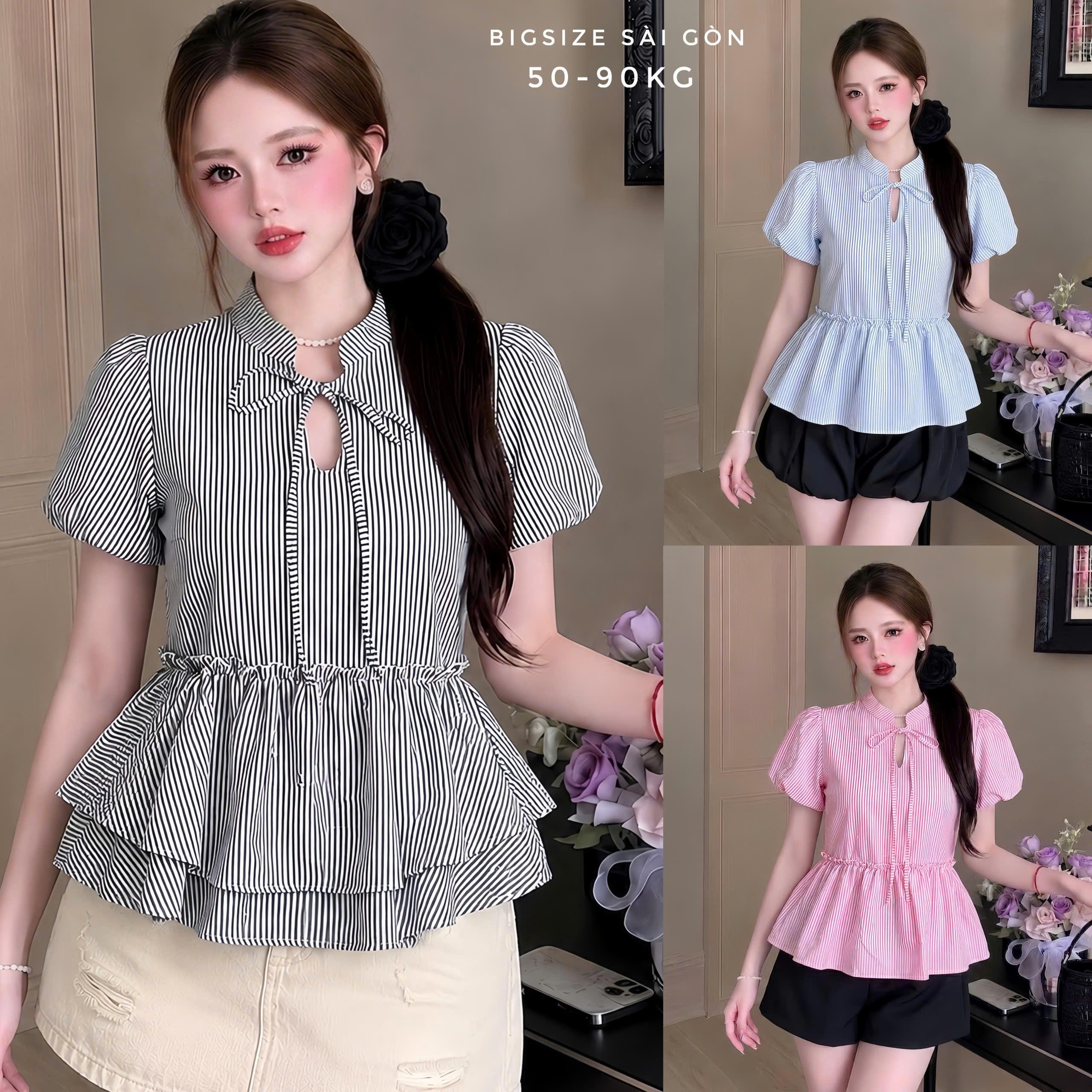 Áo Sơ Mi Nữ Sọc Nhí Cột Nơ Cổ, Tay Phồng Peplum Tiểu Thư Có Bigsize 50–90kg Bigsize Sài Gòn - B.1875