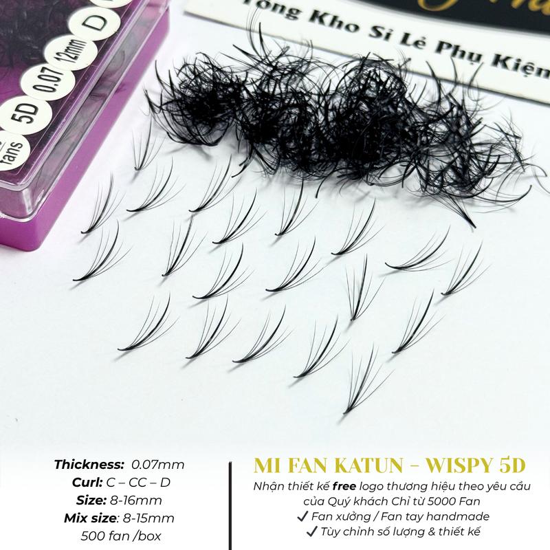 Mi fan 5D Mi Wispy Katun mắt ướt hộp 500fan Dày 0.07 Dài 8-15mm Cong C-CC-D Mi fan Mi khay - Lông Mi Nhân Tạo - Dụng Cụ Nối Mi - Thúy Hà